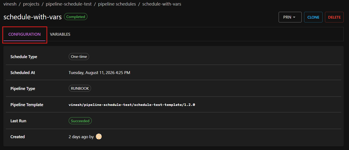 Pipeline schedule details - Configuration tab Pipeline schedule details - Configuration