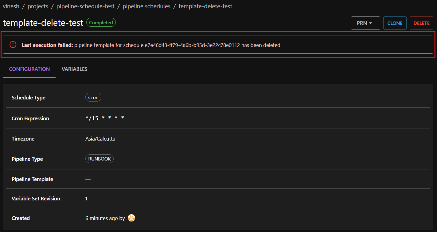 Pipeline schedule details - Error alert Pipeline schedule details - Error