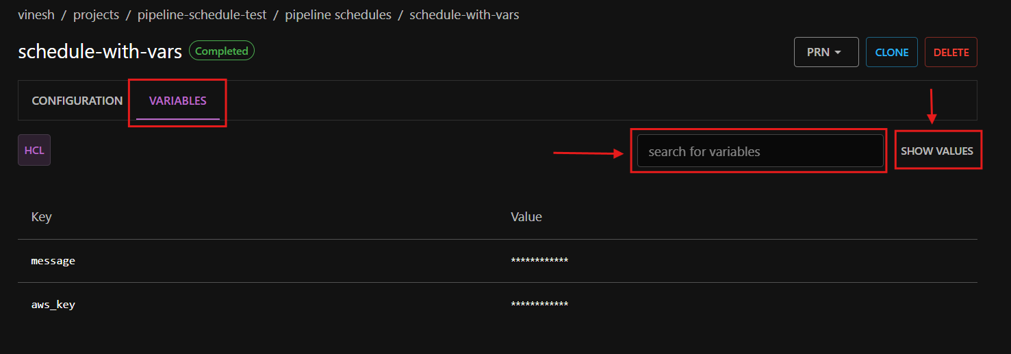 Pipeline schedule details - Variables tab Pipeline schedule details - Variables